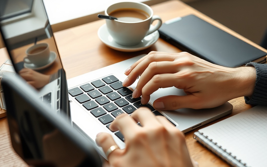 Manos escribiendo en un laptop sobre un escritorio de oficina