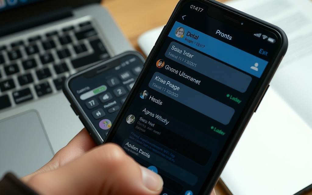 Pantalla de un celular mostrando una conversación de chat junto a una laptop